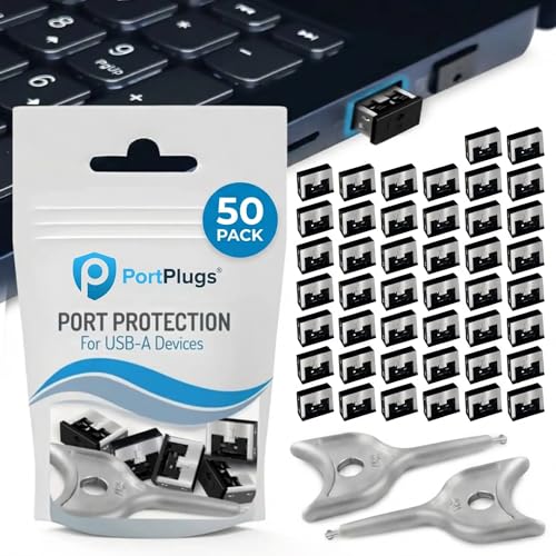 PortPlugs USB-A Port Blocker (50-Pack) Bulk with 2 Keys, Metal Locks Prevent Unauthorized Access, Data Theft, Juice Jacking, Tampering, High Security for Desktops, Laptops, Servers (Black) - color: Black - Metal, size: 50 Pack