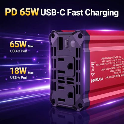 【2026 Upgraded】 300W Car Power Inverter - vansoet DC 12V to 110V AC(2 Outlets) Power Inverters with PD65W & QC18W Fast Charging Port - Car Charger Cigarette Lighter Adapter for Laptop/Phone/Road Trip - color: Red-65