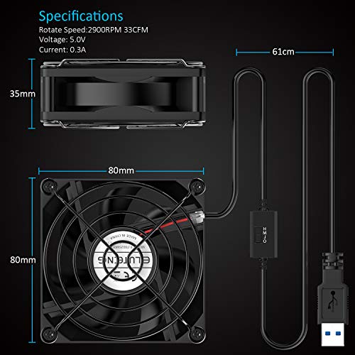 ELUTENG USB Fan 80mm, USB Computer Fan 5V Quite USB Ventilation Fan Compatible with 3 Speed Control for Receiver DVR Playstation Xbox Computer Cabinet Cooling 80 x 80 x 25mm - size: 80mm USB Speed Fan Standard