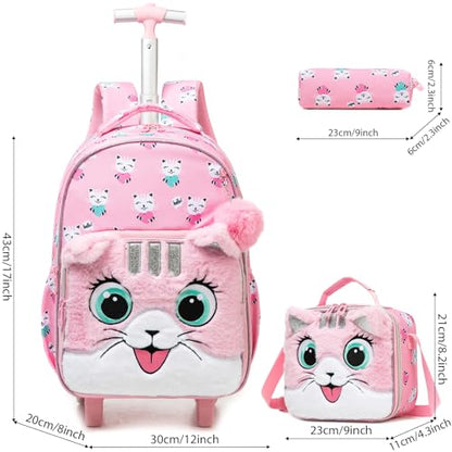 Kids Fluffy Cat Rolling Backpack for Girls, Pink School Bags | Trolley Suitcases Luggage Travel with Wheels Bookbag Wheeled 3PCS Roller Backpacks Set Toddler Back Pack Elementary - color: Pink-0121-maorong-mao