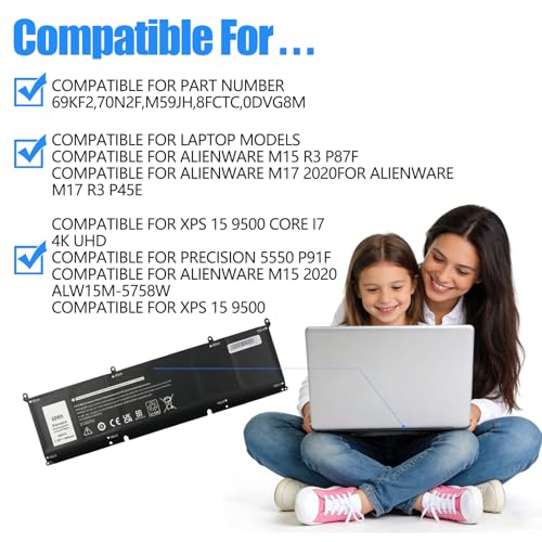 69KF2 DVG8M M59JH 8FCTC 70N2F Battery for Dell XPS 15 9500 9510 | for Dell G15 9520 5550 5560 5570 7510 M15 M17 R3 R4 5510 5511 5515 5520 5521 G7 7500 Inspiron 7610 P87F P91F P45E p100f - size: 13.94*6.02*1.26inch 69KF2