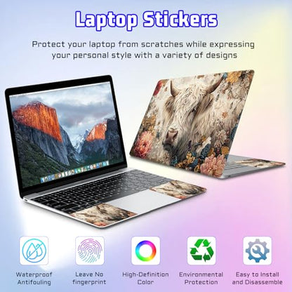 Universal Laptop Skin Sticker Decal, Compatible with MacBook HP Dell Lenovo 12"-15.6", Reusable Vinyl Notebook Cover 3PCS Set, High-Recognition Film-Highland Cow with Flower - color: Highland Cow with Flower