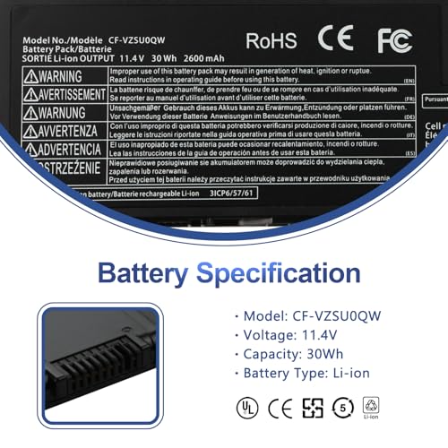 CF-VZSU0QW Battery for Panasonic ToughBook CF-20/Toughpad FZ-A2 Mk1 Tablet | 30Wh Replacement for CF-20A0205NG CF-20A0205TD FZ-A2A203CA3 CF-VZSU0QJS CF-VZSU0QK CF-VZSU0QR 11.4V 2600mAh - size: 7.9*3.1*0.3inch CF-20