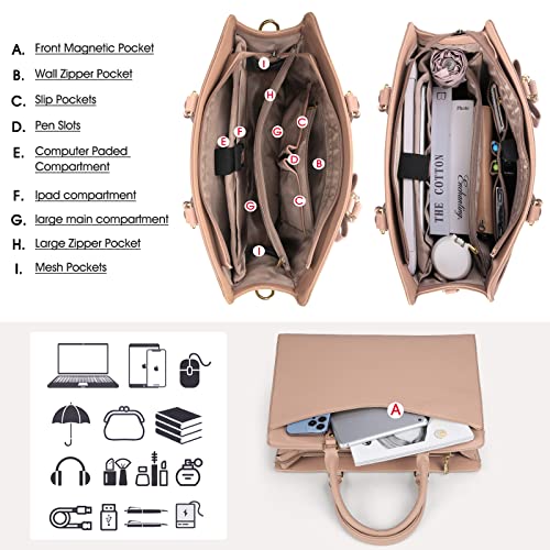 RAINSMORE Laptop Bag for Women 15.6 Inch PU Tote Bag Business Office Work Bag Waterproof Briefcase Computer Tote Lightweight Handbag Shoulder, Khaki - color: Khaki