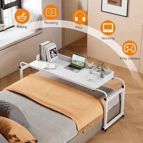 Adjustable Height Overbed Table, Rolling Overbed Bedside Desk with Raised Baffle and Spacious Desktop, Over BedTable with Wheels for Home Office Bedroom Hospital Use (White) - color: White