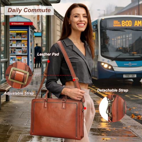 Banuce Italian Full Grain Leather Briefcase for Women Fits 15.6" Laptop | Eco-friendly Leather,Paded Laptop Compartment,Travel-friendly Luggage Strap,Detachable Strap,Office Work,Business Travel - color: Red Brown