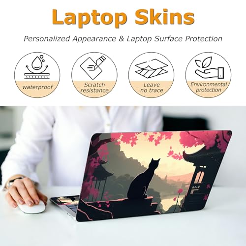 Universal Laptop Skin Sticker with 2 Wrist Pad Decals, 3-Piece Removable Vinyl Laptop Cover, Black Cat Landscape Waterproof Anti-Scratch, Easy-Trim Fit for 13.3" 14" 15.6" Laptops - color: Black Cat Landscape