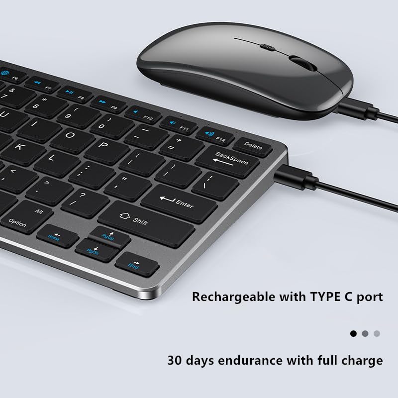 Portable mini Wireless Bluetooth Keyboard and Mouse Combo, Bluetooth 3.0/5.0/2.4G, Multi-Device pc,Laptop,Phone,ipad,Windows,iOS,Android Compatible, Rechargeable,78KEY,11.2inch Length (Gray) - color: Gray