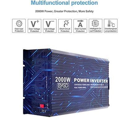 BYGD 2000W Power Inverter 12V DC to 110V AC Inverter Converter with 4 AC Outlets Dual 2.1A USB Ports for Home, RV, Boat, Truck, Off-Grid Solar System - size: 2000W