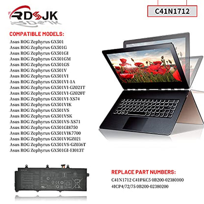 C41N1712 Laptop Battery for Asus ROG Zephyrus GX501 GX501G GX501GI GX501GM GX501GS GX501V GX501VI GX501VS GX501VS-XS71 GX501VSK GX501VIK GX501VI-GZ030T Series 0B200-02380100 0B200-02380200 15.4V 50Wh