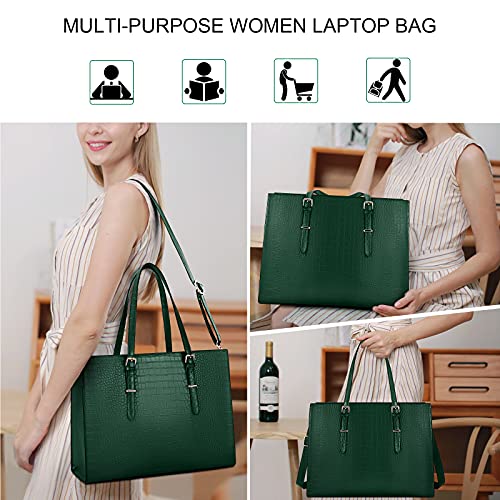 Laptop Bag for Women 15.6 Inch Crocodile Leather Tote Bag Water-resistant Work Briefcase Business Computer Shoulder Bag for Travel Teacher Nurse Professional Handbag - color: Green