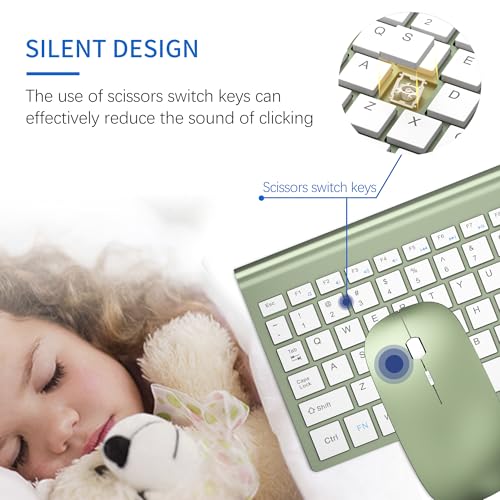 Wireless Keyboard and Mouse Ultra Slim Combo, TopMate 2.4G Silent Compact USB 2400DPI Mouse and Scissor Switch Keyboard Set with Cover, Batteries Included, for PC/Laptop/Windows/Mac - Green White - color: Green White