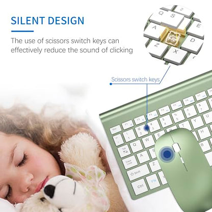 Wireless Keyboard and Mouse Ultra Slim Combo, TopMate 2.4G Silent Compact USB 2400DPI Mouse and Scissor Switch Keyboard Set with Cover, Batteries Included, for PC/Laptop/Windows/Mac - Green White - color: Green White