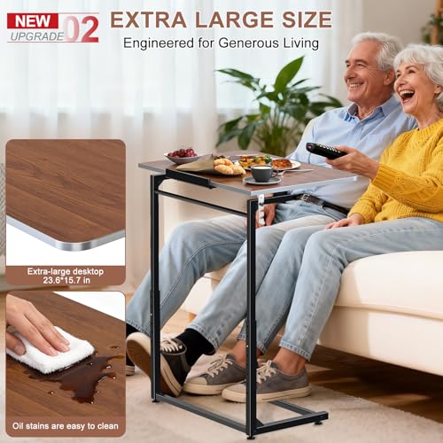 Tv Tray Table,Extra Large Dinner Food Tray Table,Couch & Bed Eating Desk,Heavy Duty Folding Laptop Side Table with 8Height&90° Tilt Adjustable,C-Shaped End Table with Phone/Tablet Slot Walnut - color: Walnut Wood Color, size: 1 Pack