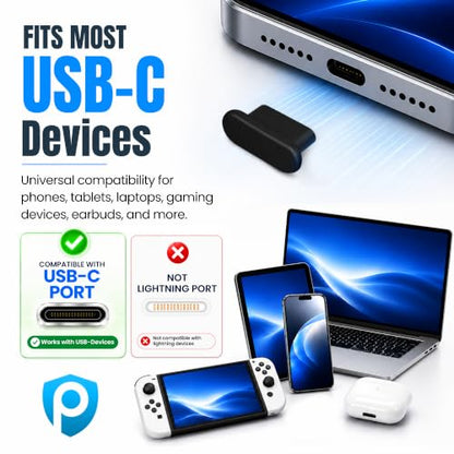 USB C Dust Plugs 10 Pack with Cleaning Brush, Charging Port Covers, Black | Helps block dust, lint and debris, helps support reliable charging, snug low profile fit, durable flexible construction - color: Black