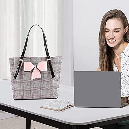 MOSISO Laptop Tote Bag for Women, 15-16 inch Large Tote Bag Compatible with MacBook Air 15 inch/Pro 16 inch, HP Dell Acer Asus, PU Leather Large Capacity Work Tote Bags with Bowknot Grid MO-GID001GYPK