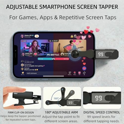 Auto Clicker for Smart Phone, Auto Screen Tapper for Smartphone Tablet TikTok Live - Rechargeable Phone Screen Device Speed Clicker with 107 Adjustable Speed and Digital Display