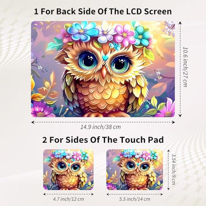 Laptop Skin Sticker 3-Piece Set,Owl Flowers | Trim-to-fit 3-piece vinyl set with one 15 x 10.6 in lid skin and two palm-rest decals for many 12-15.6 in laptops - color: Owl Flowers