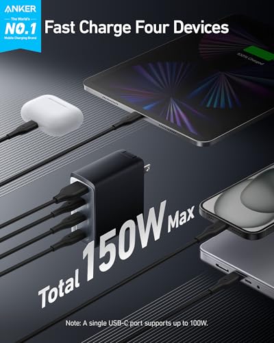Anker 150W Max USB C Charger Block, 4-Port Compact Foldable GaN Charger for MacBook Pro/Air, iPhone 17/16 and More Series, Dell and More