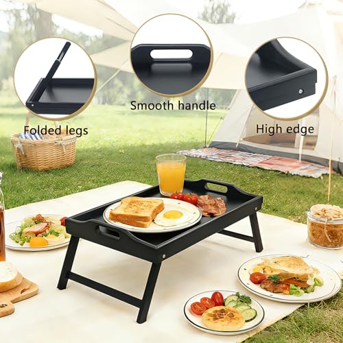 Bamboo Breakfast Tray Table with Folding Legs for Bed Table Sofa - Eating & Laptop Tray Bamboo with Folding Legs - color: Black