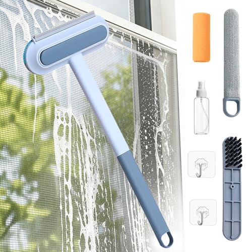 Window Screen Cleaning Brush, 6-in-1 Screen Cleaner Tool Kit with Spray Bottle, Crevice Brush and Microfiber Cloth for Window Tracks and Screens