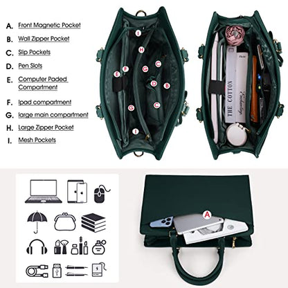 RAINSMORE Laptop Bag for Women 15.6 Inch PU Tote Bag Business Work Bag Waterproof Briefcase Computer Tote Lightweight Handbag Shoulder, Dark Green - color: Dark Green