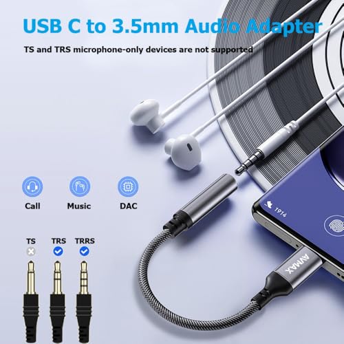 AVMAX USB C to 3.5mm Audio Headphone Adapter,Type c to Aux Female Cable for 16 15 Plus, S24 S23 S22 S21 S20 Ultra Pixel MacBook and More Type c Devices (Gray) - style: Classic Gray1
