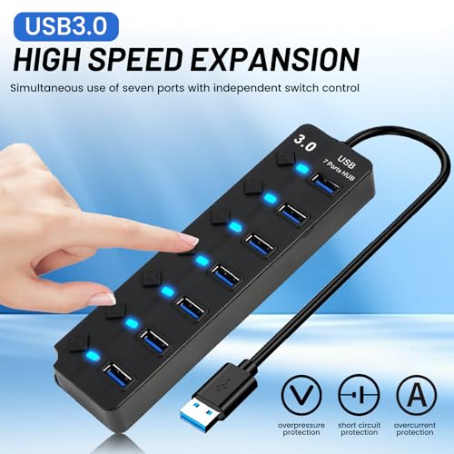 7-Port USB 3.0 Hub with Individual On/Off Switches, 5Gbps Data Transfer USB Splitter for Laptop, PC, Desktop, MacBook, Keyboard, Mouse, Flash Drive, Printer