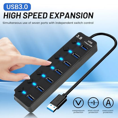 7-Port USB 3.0 Hub with Individual On/Off Switches, 5Gbps Data Transfer USB Splitter for Laptop, PC, Desktop, MacBook, Keyboard, Mouse, Flash Drive, Printer