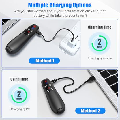 2-in-1 USB Type C Presentation Clicker, Clicker for PowerPoint Presentation | Rechargeable Wireless Presenter Remote , RF 2.4GHz USB PowerPoint Clicker Slide Advancer with Volume Control