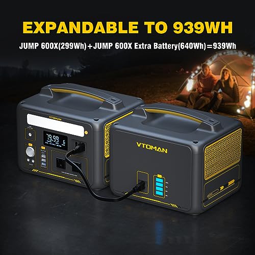 VTOMAN Jump600X 600W Portable Power Station with 640Wh Extra Battery, 939Wh Solar Generator LiFePO4 Battery, Peak 1200W AC Outlet, PD 60W USB-C, 3x12V/10A DC for Outdoor Camping, Off-grid, Home Backup - style: Jump 600X+Extra Battery