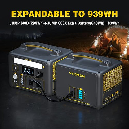 VTOMAN Jump600X 600W Portable Power Station with 640Wh Extra Battery, 939Wh Solar Generator LiFePO4 Battery, Peak 1200W AC Outlet, PD 60W USB-C, 3x12V/10A DC for Outdoor Camping, Off-grid, Home Backup - style: Jump 600X+Extra Battery
