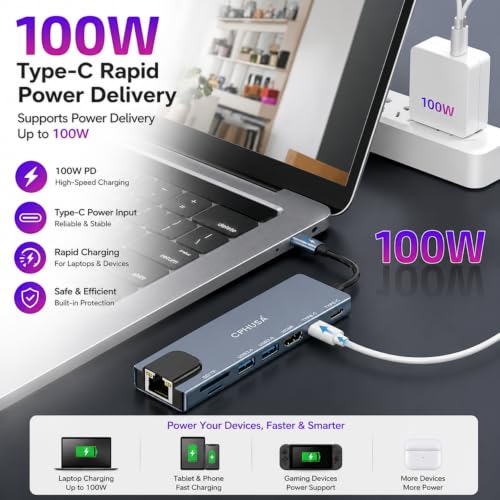 8-in-1 USB C Docking Station, Type C Hub with 4K HDMI Output, Ethernet RJ45, 100W Power Delivery, SD/TF Card Slots & High-Speed USB Ports for MacBook, Surface, iPad Pro & USB-C Laptops