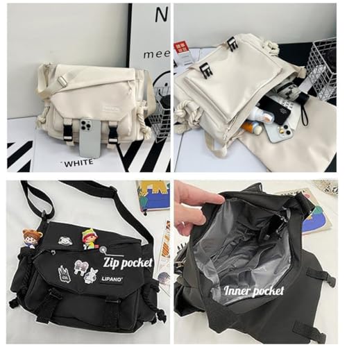Aesthetic Crossbody Bag with Cute Pins and Ornament, Nylon Shoulder Messenger Bag Japanese Kawaii Bag for Women Men - color: L-blue-fit Laptop