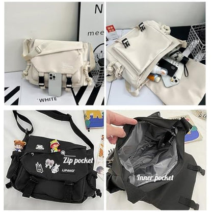 Aesthetic Crossbody Bag with Cute Pins and Ornament, Nylon Shoulder Messenger Bag Japanese Kawaii Bag for Women Men - color: L-blue-fit Laptop