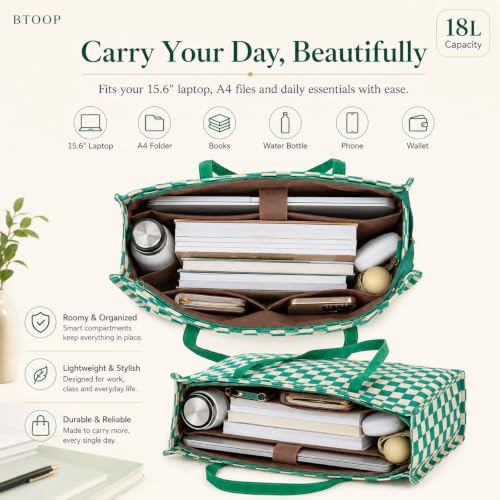 BTOOP Work Tote Bag for Women, Laptop Tote Bag With 15.6 Inch Padded Compartment, Teacher Nurse Bible Bags - color: Green-white Checkered