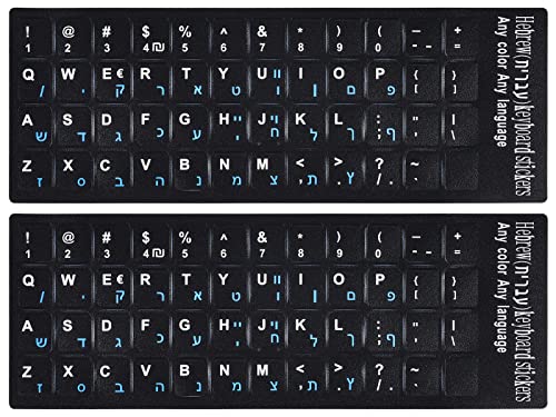 2PCS Hebrew Keyboard Stickers Black Background with Blue Letters Replacement Sticker for PC Computer Laptop Notebook Desktop Keyboards, Matte Vinyl Alphabet -Each Unit: 0.43" x 0.51" - color: Hebrew-Blue/White