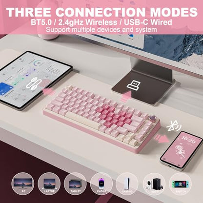 YUNZII B75 PRO Wireless Mechanical Gaming Keyboard | Custom 75% Layout with Knob,Gasket Mount,Hot Swap,Creamy Pre-lubed Switch,BT/USB-C/2.4G(Cocoa Cream V2 Switch,Pink) - color: Pink, size: Cocoa Cream V2 Switch