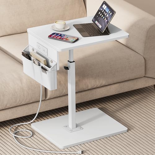 Vagusicc Sofa Armrest Tray Table for Couch - 360° Swivel Height Adjustable Side Table for Small Spaces, Snack Side Table for Bed or Chair, C Shaped End Table Snack Table for Eating Dinner Laptop - color: White, style: With Plug+Storage Bag