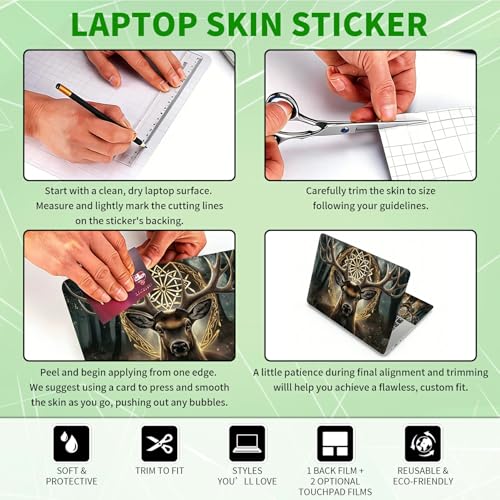 Laptop Skin Sticker Decal, Universal Protective Cover Fit 12 13 14 15.6 Inch Notebook, Reusable Water-Resistant Vinyl Decal w/ 2 Wrist Pads for Business Travel Office, Art Deer Head - color: Art Deer Head