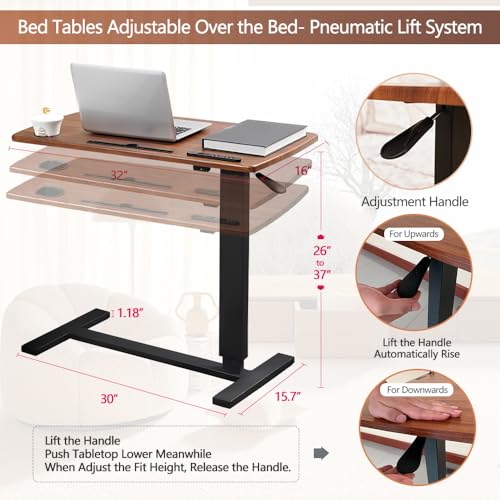 BeGyoku Overbed Table,Hospital Bed Table,Pneumatic Bedside Table Adjustable Over the Bed with Hidden Wheels&USB,Mobile Laptop Cart&Rolling Tray Table Hospital Home Use-Walnut - color: Walnut-32" L X 16" W