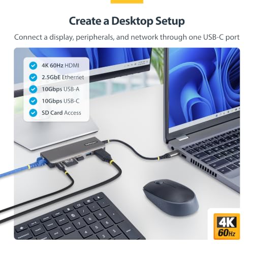 StarTech 6-in-1 USB-C Mini Dock, 4K HDMI, 140W PD, 10Gbps, 2.5GbE, SD | 140W Power Delivery charging, SD slot, Single-adapter mobile workstation, Enterprise-tested, AI-ready laptops