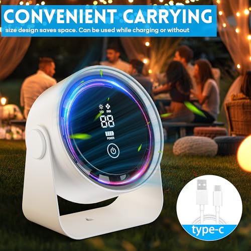 Small Desk Fan 5000mAh Rechargeable Battery Powered -Retro Low Noise Quiet Portable with LED Night Light Office Bedroom Table Top Wall Hanging Kitchen Camping Dorm 5-Speed 360° Rotation - color: White
