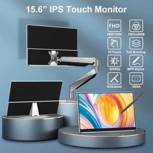 Portable Monitor Touchscreen 15.6 Inch External Display with MPP Stylus | IPS, FHD, 100% sRGB, 400 Nits, Built-in Stand, USB-C/HDMI/Mini DP for Laptop, PC, Mac, Surface, Console - size: 15.6“