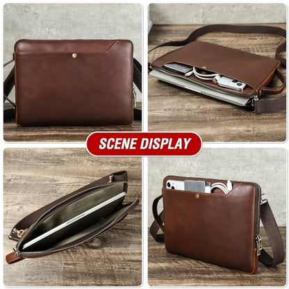 Top Grain Leather 14.2" Slim Laptop Bag Case, Handmade, Adjustable Strap & 2 Pockets, Compatible with MacBook Pro 14 inch 2021 2022 M1 Pro/M1 Max A2442 & Other PC, Red Coffee 14.2 Inch - color: #5【Adjustable Strap】-Red Coffee-2 Pockets, size: 14.2" - Fits