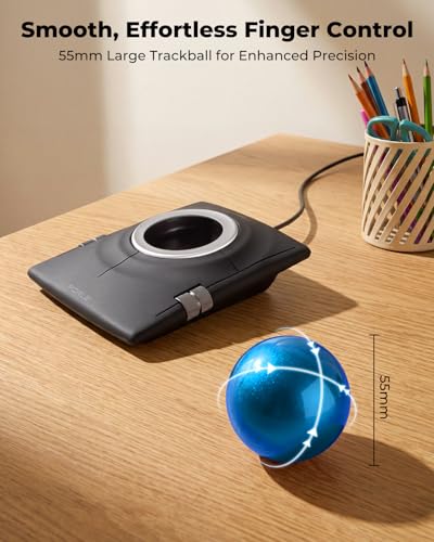 Wired Trackball Mouse, Ergonomic Finger Control Trackball with 55mm Large Ball, 4-Level Adjustable DPI, Ambidextrous Design, Wrist Rest Included, Compatible for PC, Laptop, Mac, Windows-Blue