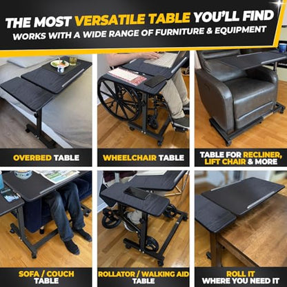 Recliner Table, Over the Bed Table with Wheels, Adjustable Width & Height, with Split Tilt Design & 4 Caster Wheels with Brakes (Black Oak Tabletop, Black Base) - color: Black Oak, Black Base