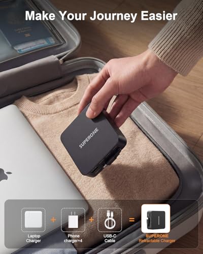 Retractable Laptop Charger, with USB C Fast Charging Cable，5 in 1 | 65W GaN Charger with Built-in 5.6ft Retractable USB-C Cable, 5 Ports, for MacBook, Laptops, iPhone 15-17, iPad, Samsung