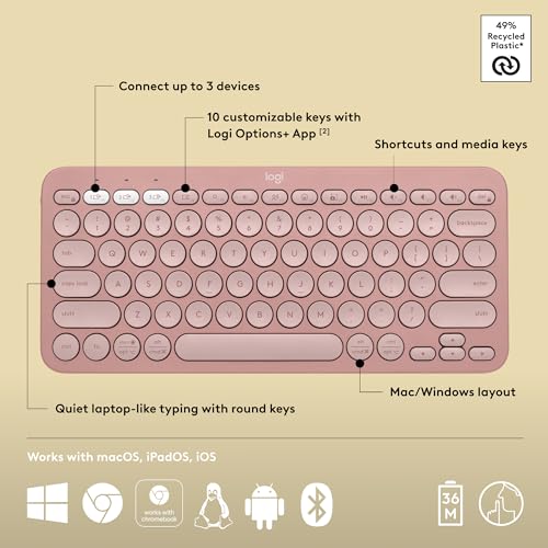 Logitech Pebble Keys 2 K380s Keyboard, Bluetooth, Wireless - Tonal Rose | Multi-device, customizable shortcuts, slim and portable, Easy-Switch for Windows, macOS, iPadOS, Android, Chrome OS - color: Rose
