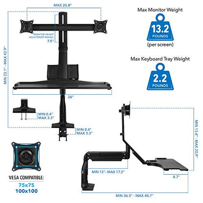 Mount-It! Dual Monitor Arm Desk Mount Sit-Stand Workstation with 2 USB 3.0 Ports, Height Adjustable 23.1–42.9”, Fits Two 17–27” Screens, 13.2 lbs Each, VESA 75x75 100x100, Clamp or Grommet